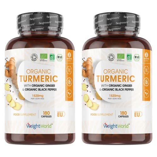 Organic Turmeric Capsules With Black Pepper And Ginger - For Joints  SkinandWellbeing - Vegan - 180 Pills - 2 Pack - 6 Month Supply -