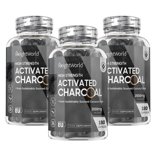 Activated Charcoal Tablets X 180 - BloatingandGas Relief Charcoal Capsules  Flatulence Relieving Coconut Charcoal  Vegan - 2000mg Servings - 3 Pack