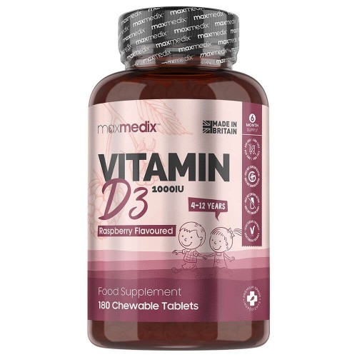 Vitamin D3 Chewable Tablets - For Kids 4-12 Years Old - 1000 Iu 180 Raspberry Flavoured Tablets - BoneandJoint Maintenance
