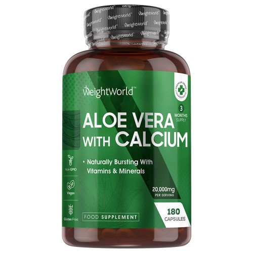 Aloe Vera With Calcium - 12000mg 180 Capsules (3 Month Supply) - Natural BowelandDigestive Formula For WindandDiscomfort