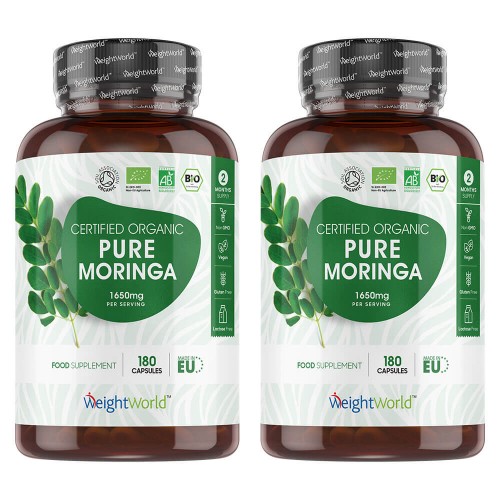 100% Organic Moringa Capsules - Renewing Natural Supplement - 180 Capsules  1650mg Strength - 2 Pack