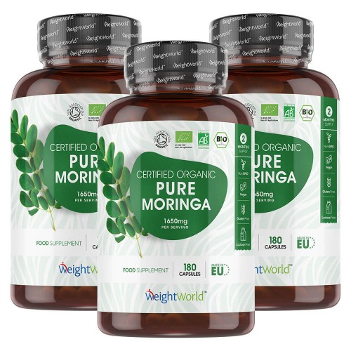 100% Organic Moringa Capsules - Renewing Natural Supplement - 180 Capsules  1650mg Strength - 3 Pack